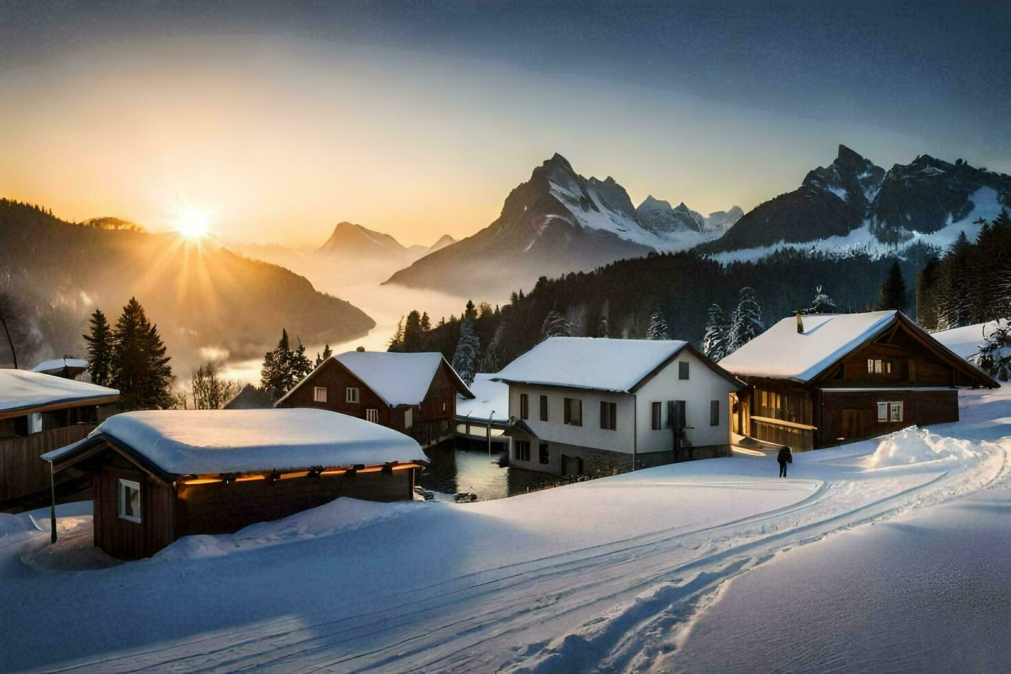 un pueblo en el montañas con nieve cubierto casas generado por ai foto