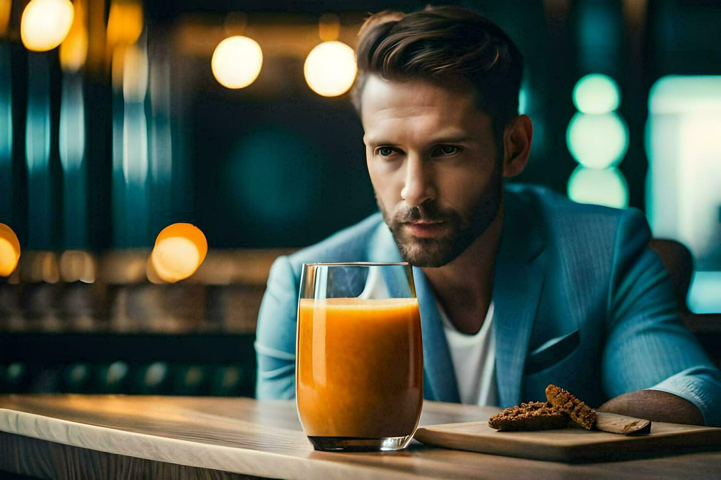 a man sitting at a table with a glass of orange juice. AI-Generated photo