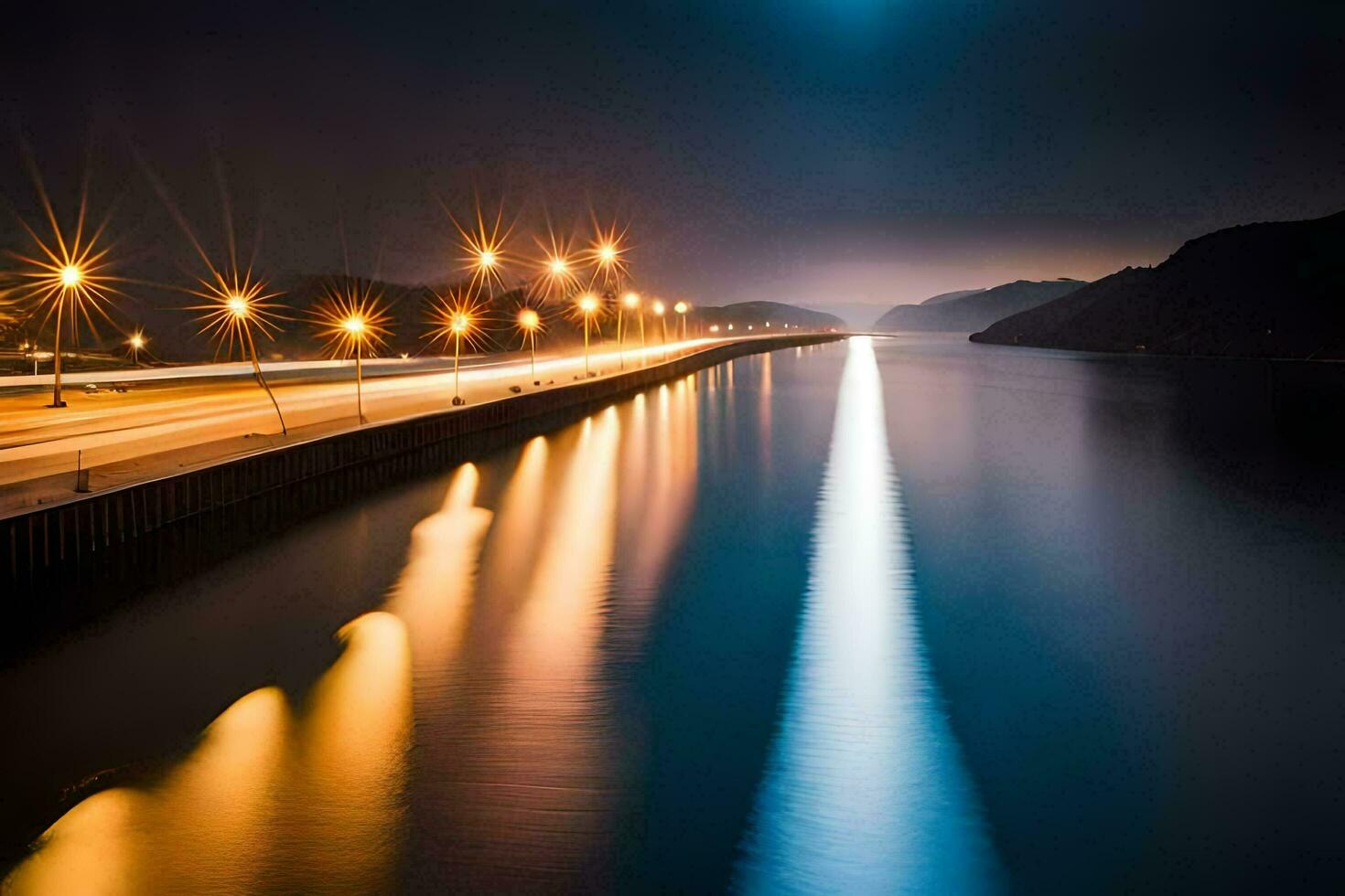 a long exposure photo of a bridge at night. AI-Generated