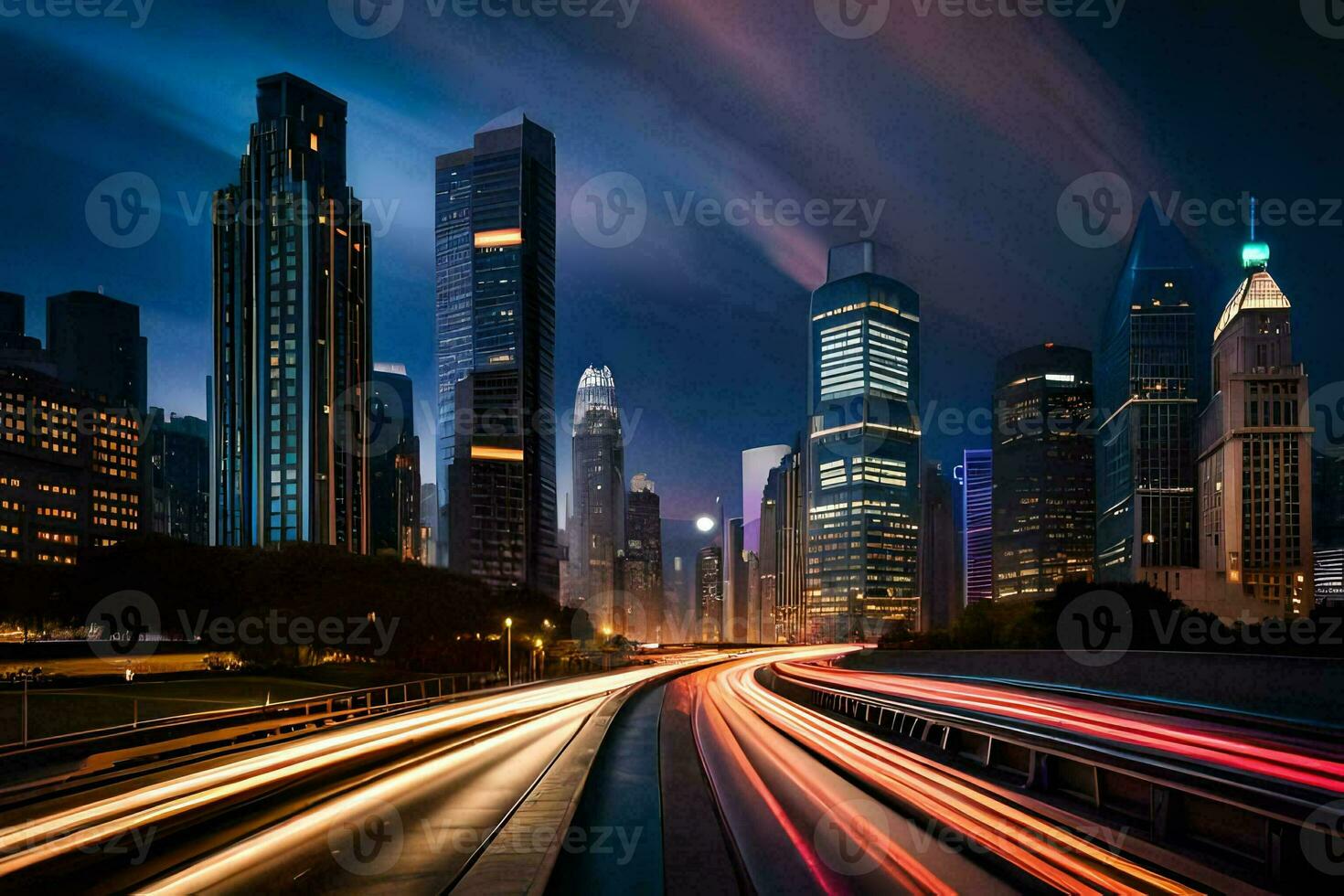 a city at night with traffic lights and buildings. AI-Generated photo