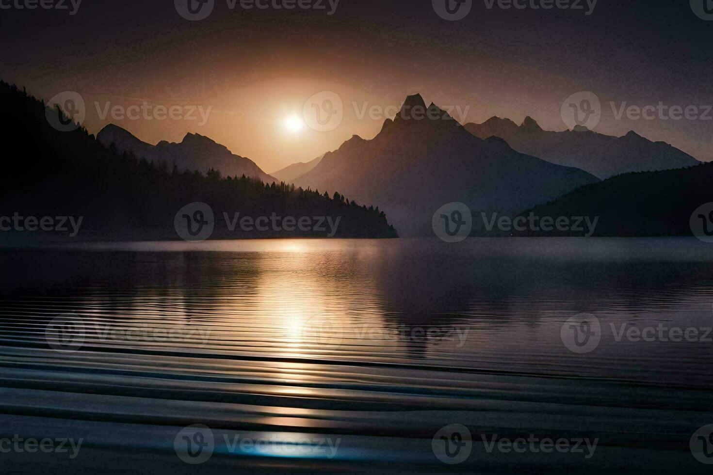 the sun rises over a mountain range and a lake. AI-Generated photo