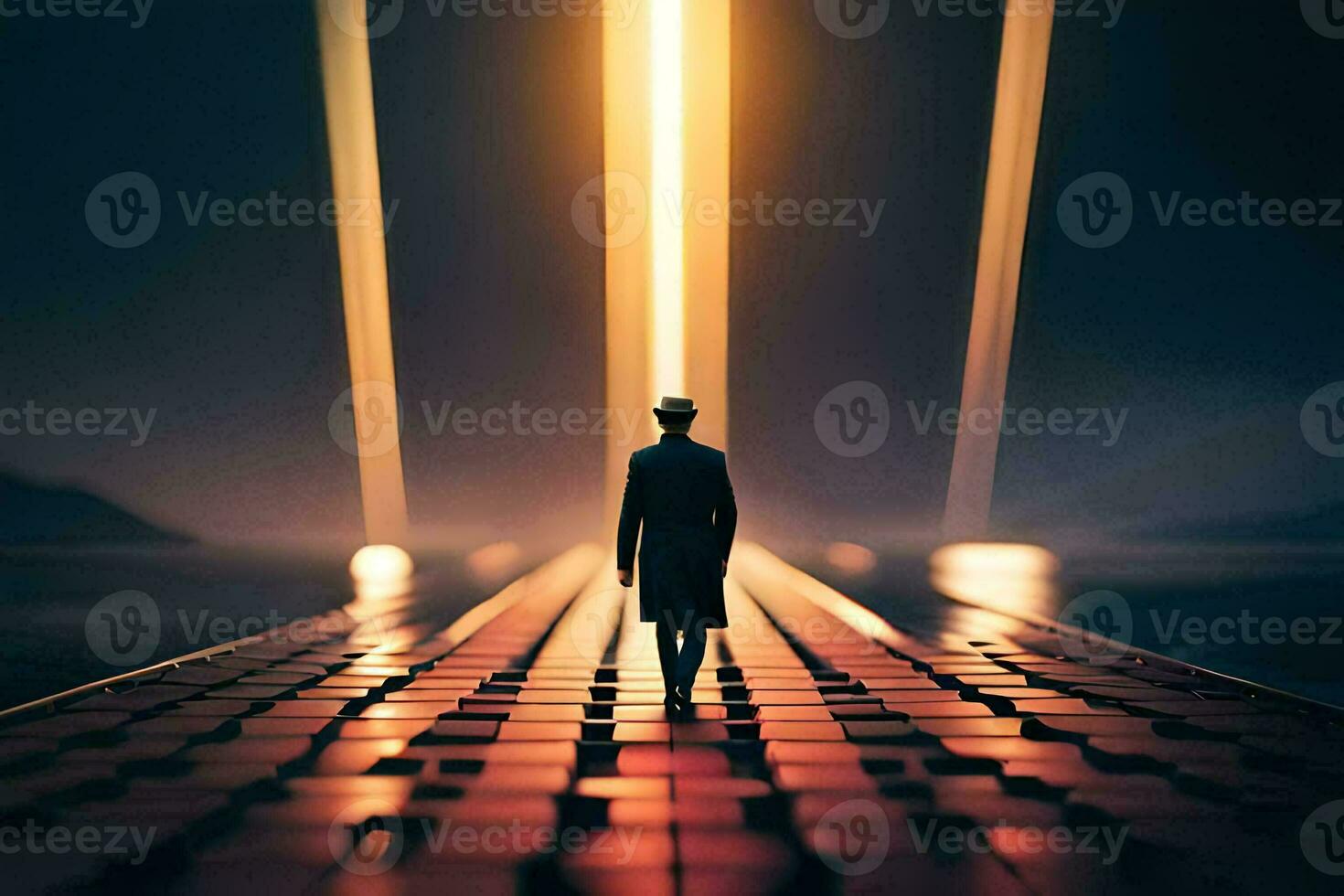 a man in a hat walks along a path with lights. AI-Generated photo