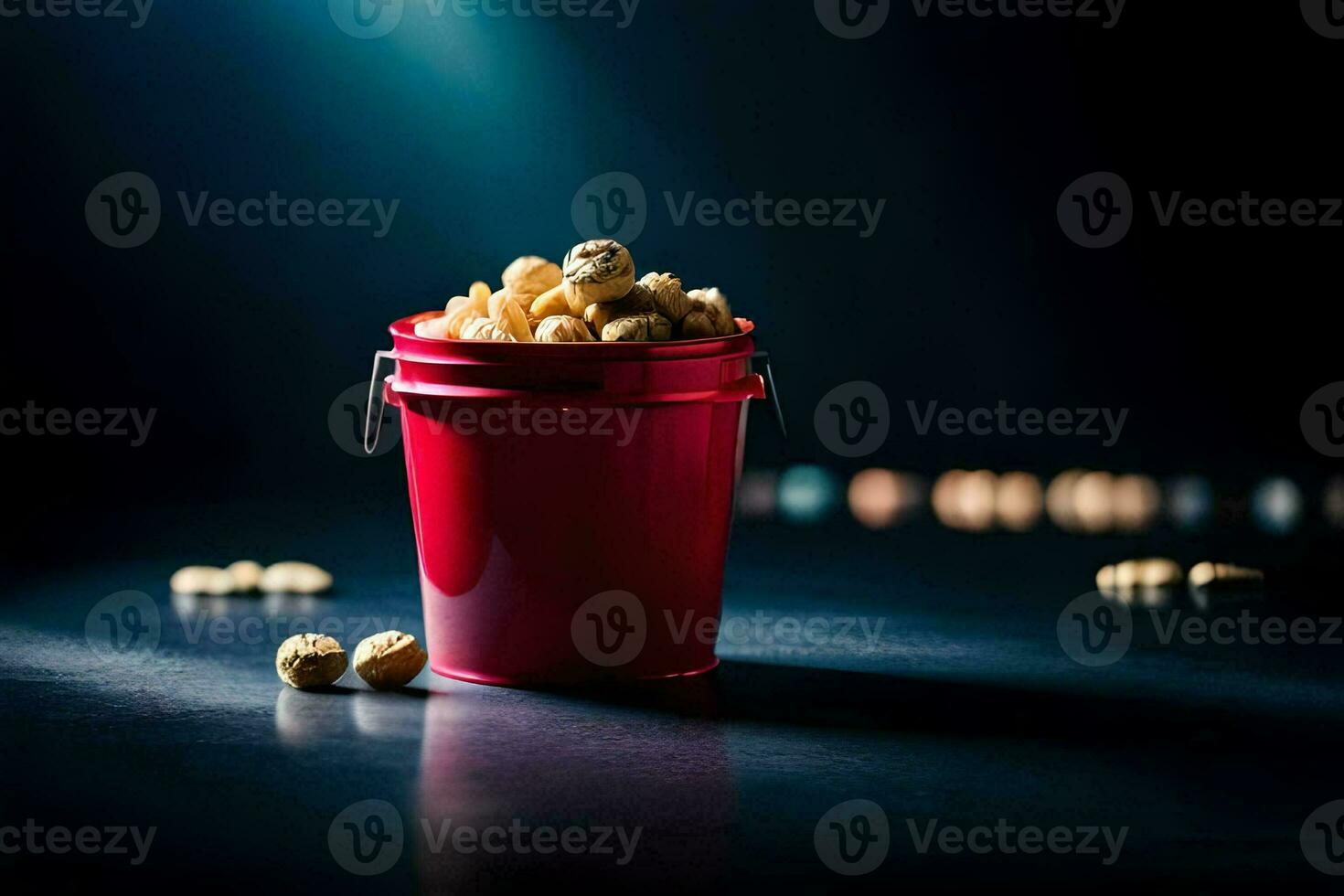 a red bucket filled with peanuts on a dark table. AI-Generated photo