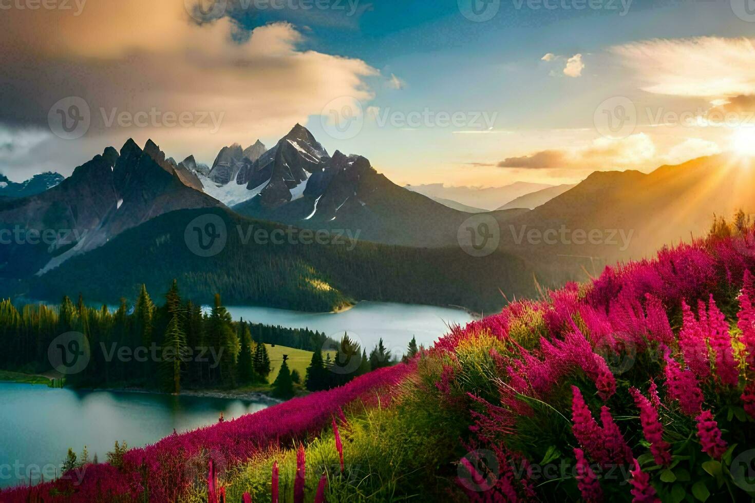 the sun rises over the mountains and lake in this beautiful landscape. AI-Generated photo
