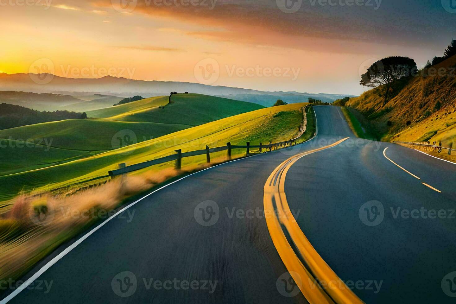 a winding road in the countryside with a sunset. AI-Generated photo