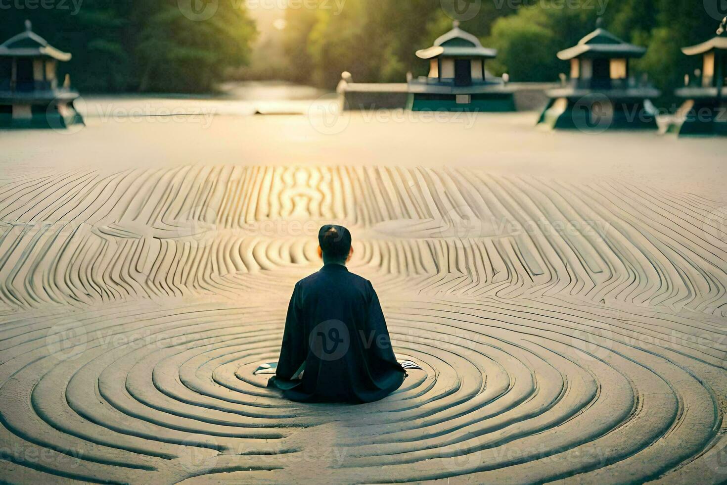 a person sitting in the middle of a labyrinth. AI-Generated photo