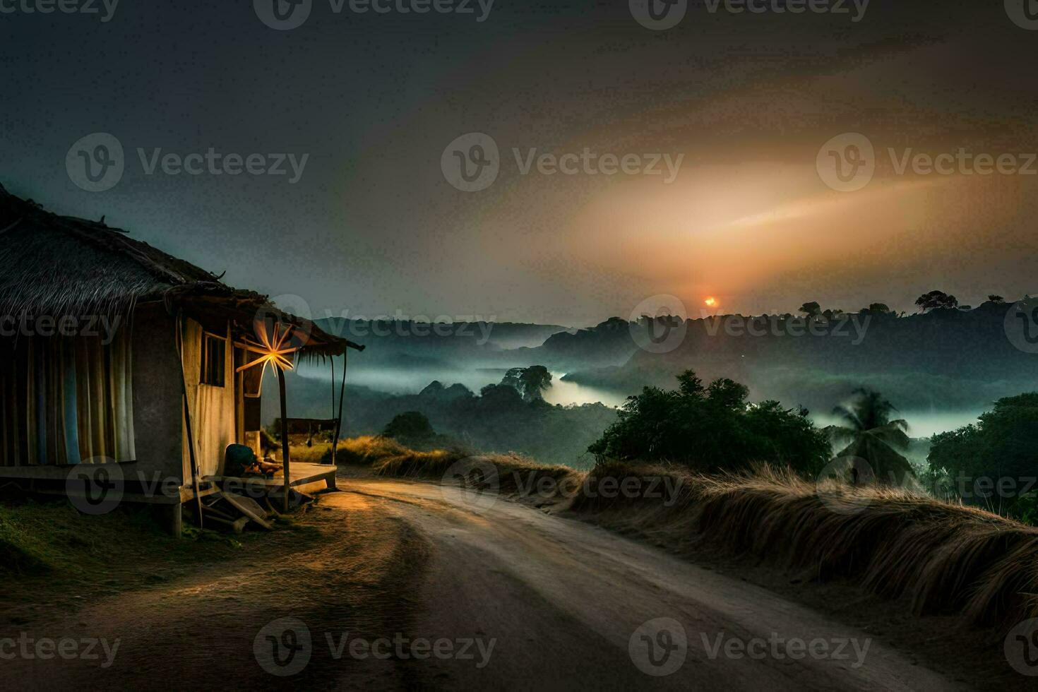 a hut sits on the side of a road in the middle of a foggy valley. AI-Generated photo