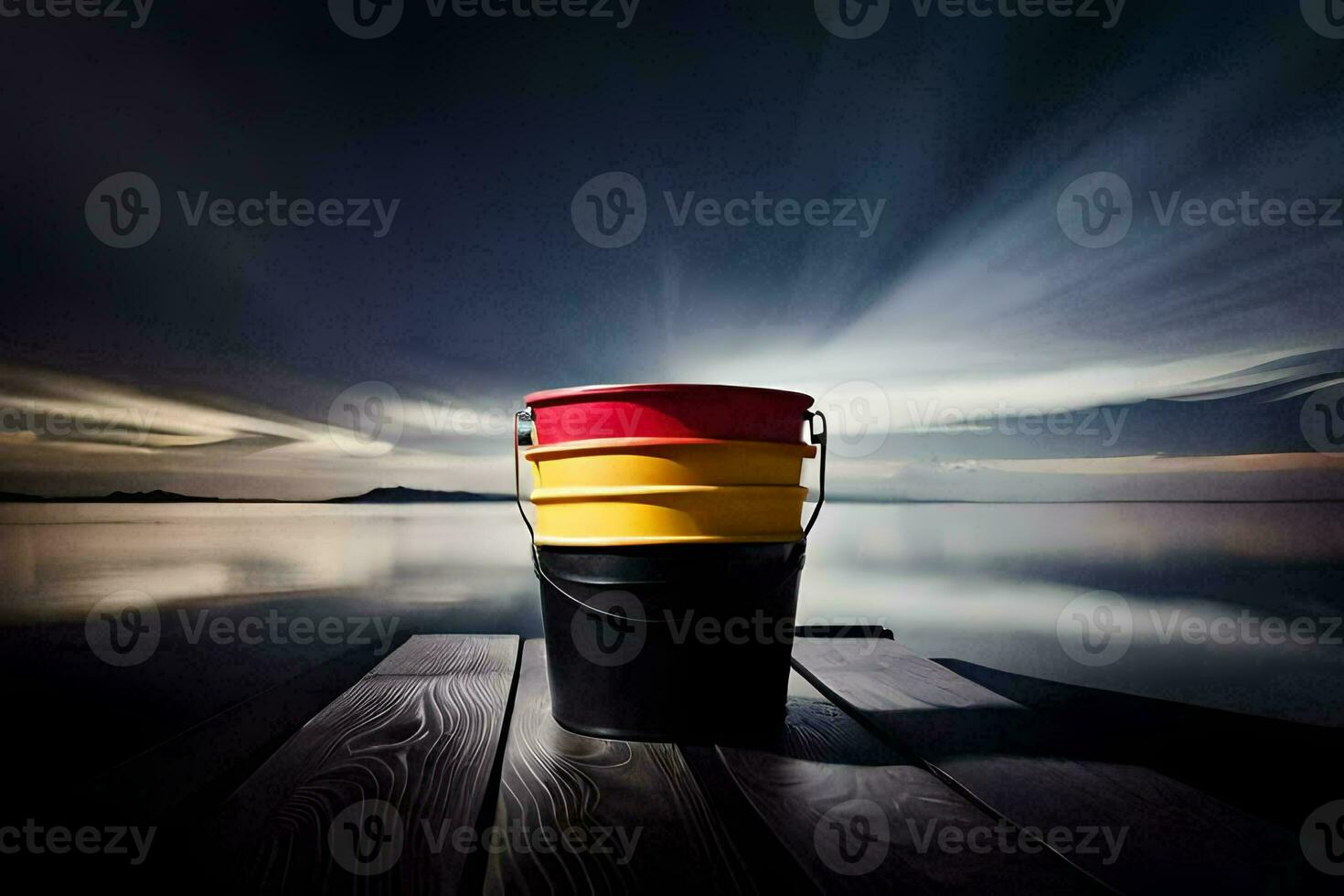 a bucket sitting on a dock with a sky background. AI-Generated photo