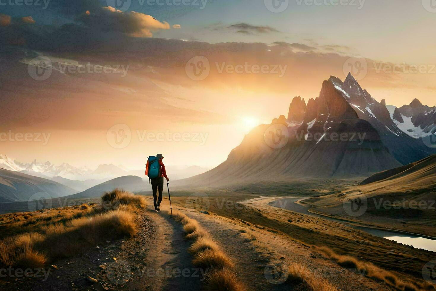 un hombre con mochila caminando en un la carretera en el montañas. generado por ai foto