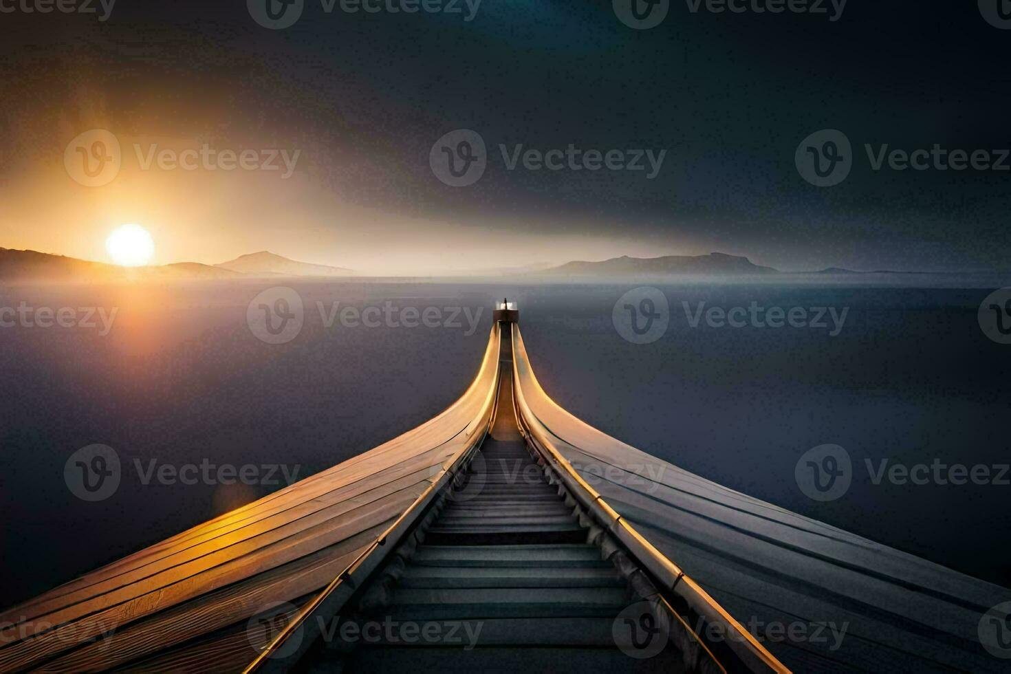 a long bridge leading to the sun. AI-Generated photo