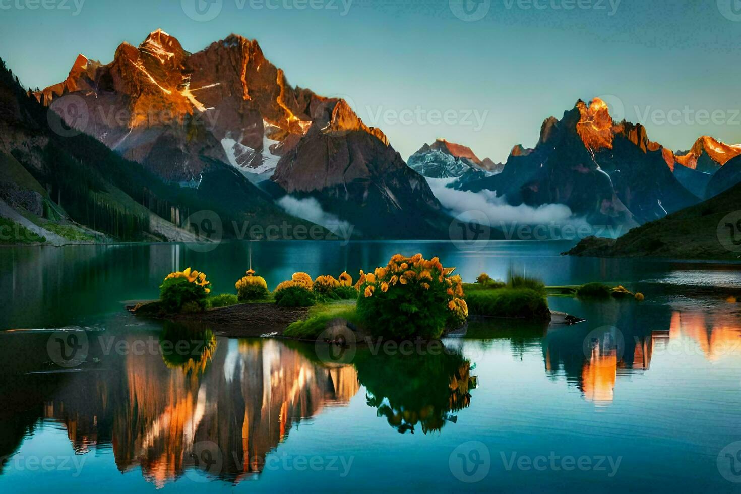 mountains reflected in a lake at sunset. AI-Generated photo