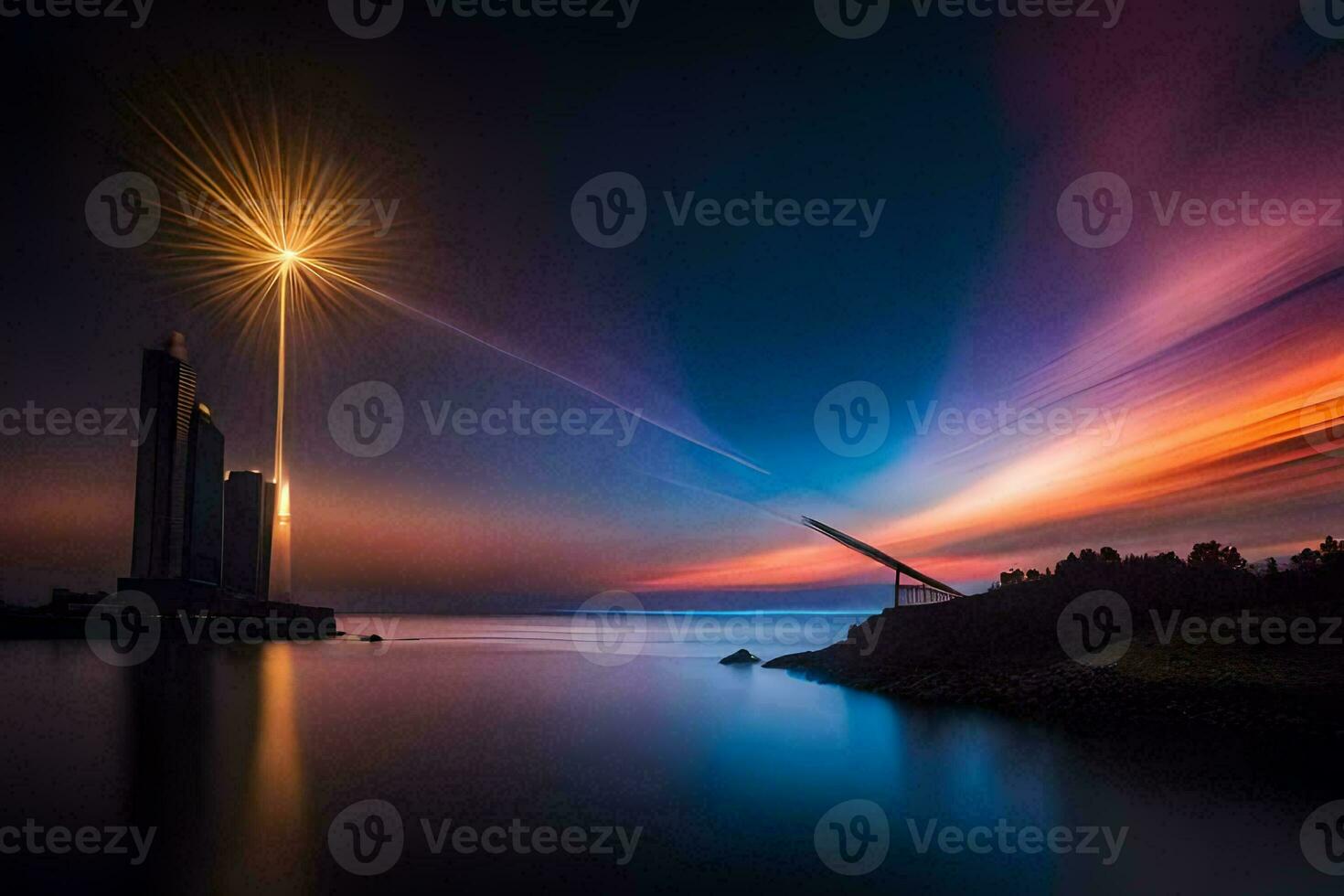 un largo exposición fotografía de un faro y un ciudad a noche. generado por ai foto