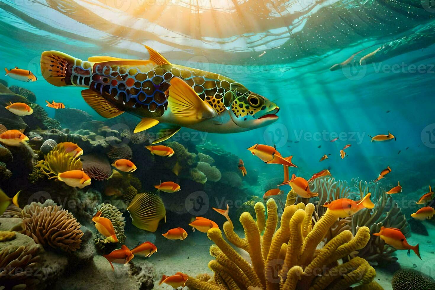 an underwater scene with a colorful fish swimming over coral reefs. AI-Generated photo