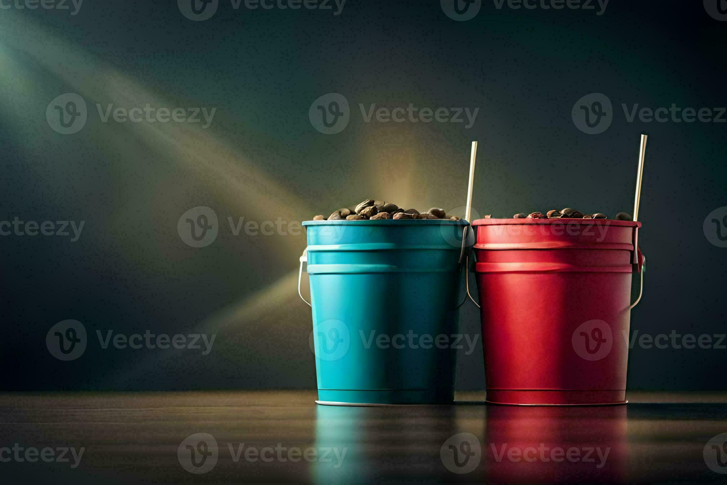 two red and blue buckets with coffee beans. AIGenerated 33413766 Stock