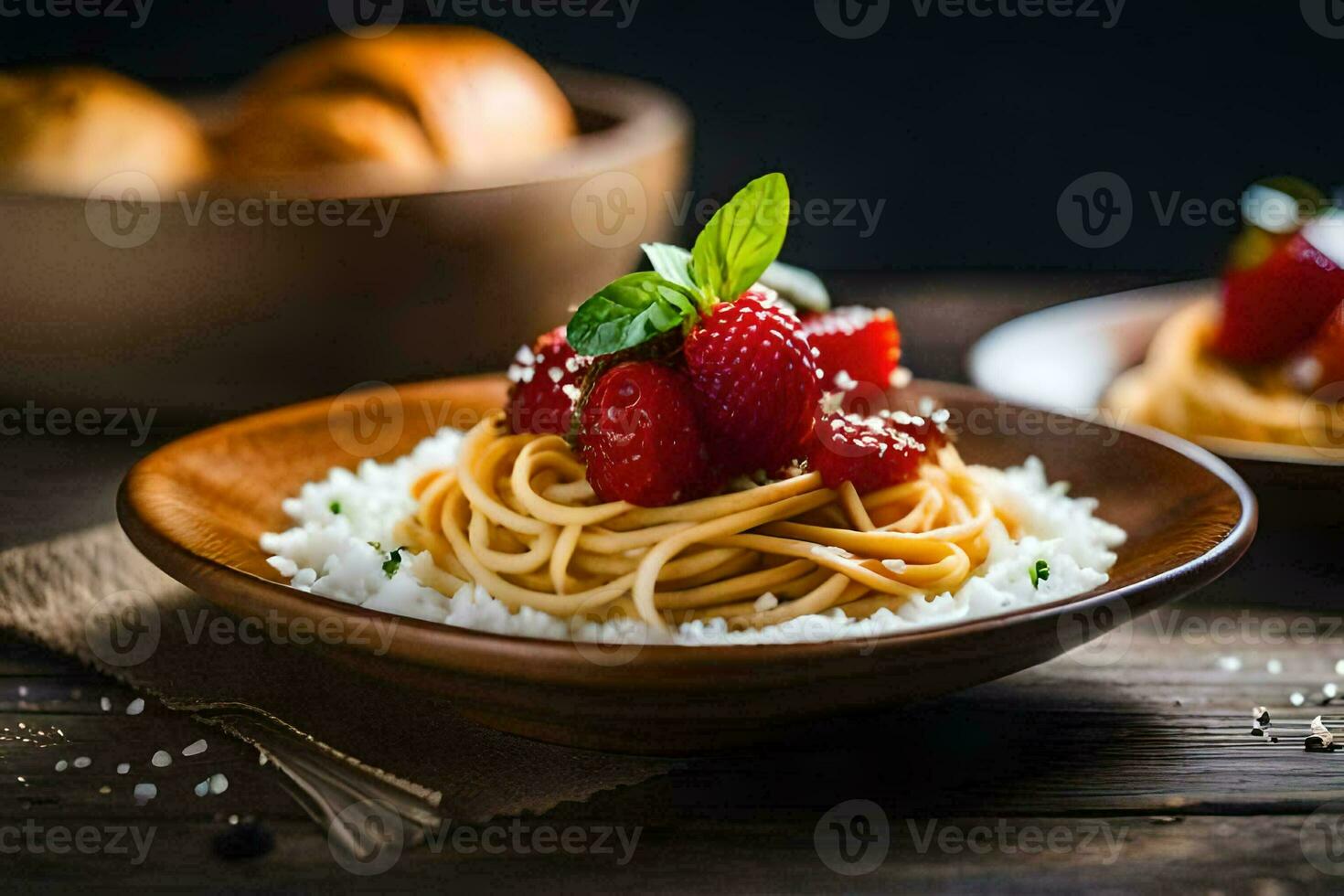 spaghetti with strawberries and basil leaves in a bowl. AI-Generated photo