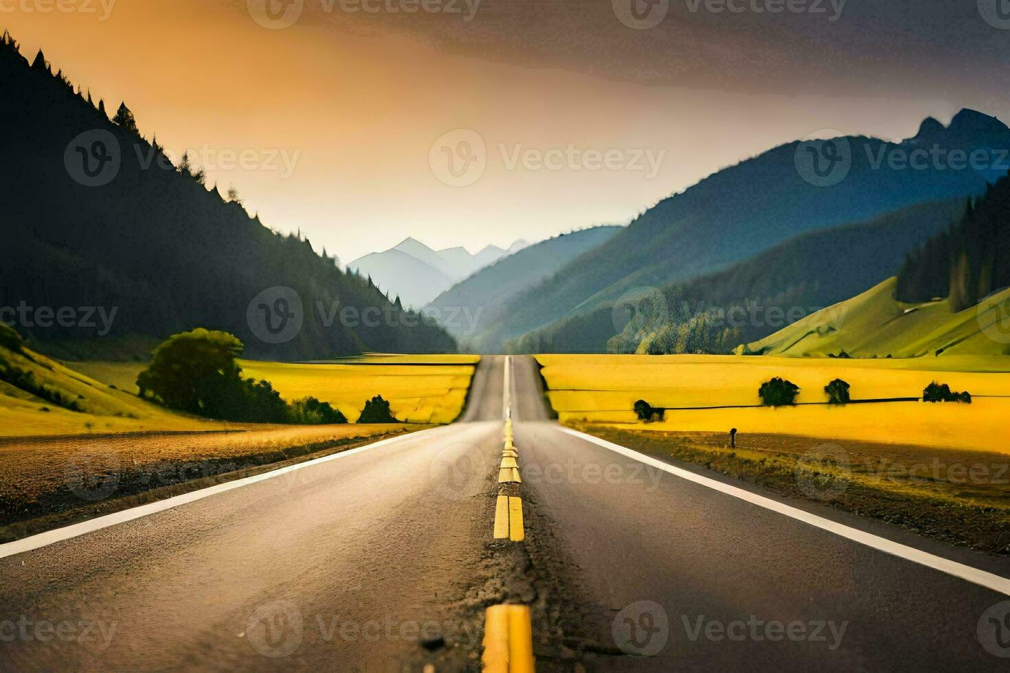 a long empty road in the middle of a field. AI-Generated photo