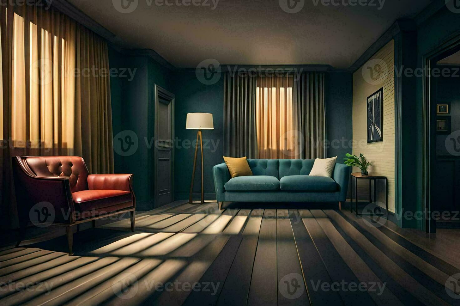 a living room with a blue couch and a chair. AI-Generated photo