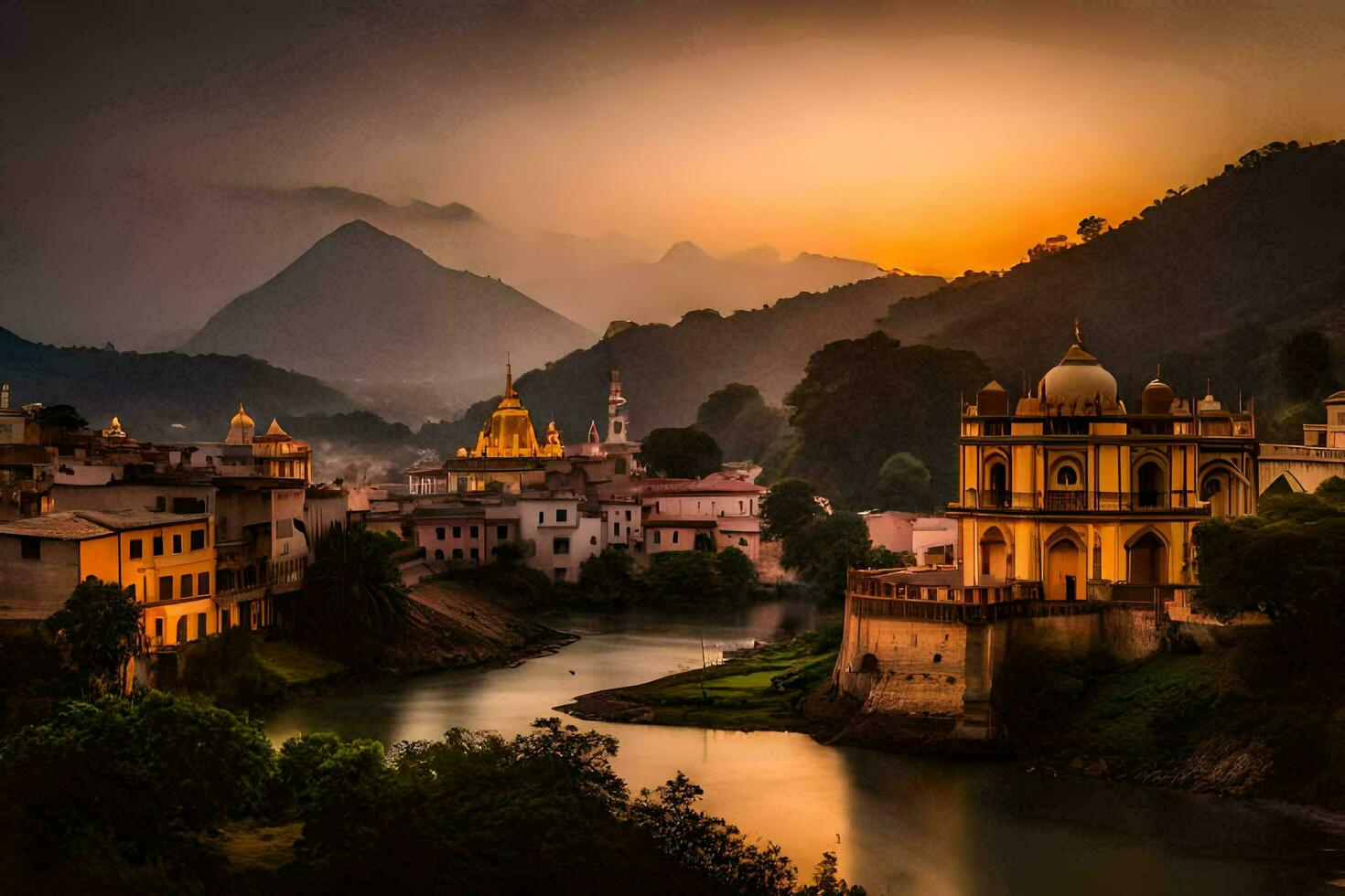 the sunset over the city of rishikesh. AI-Generated photo
