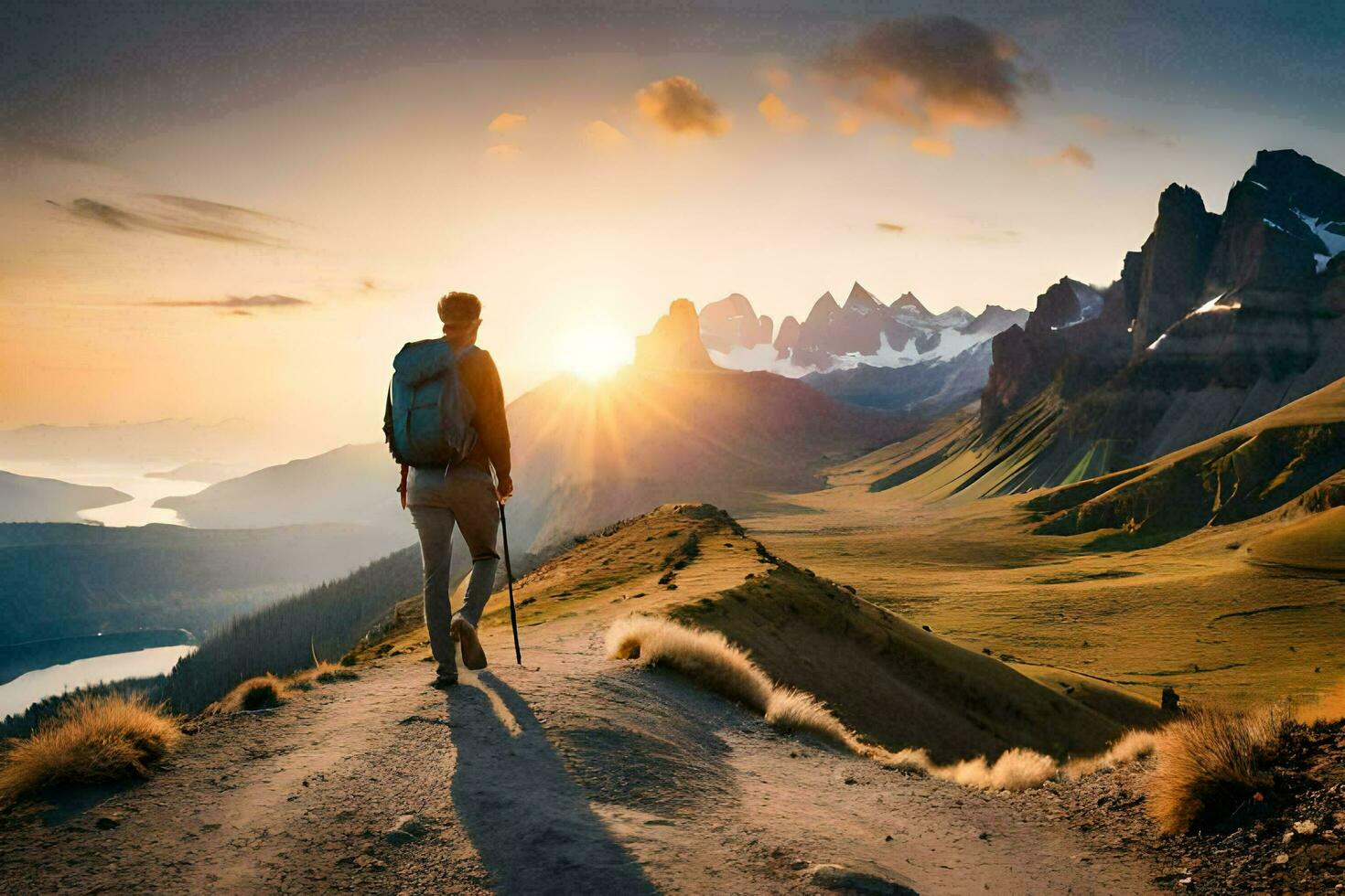 un hombre con un mochila es caminando en un sendero en el montañas. generado por ai foto