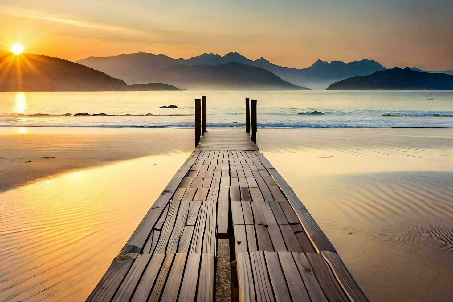 a wooden pier stretches out into the ocean at sunset. AI-Generated photo