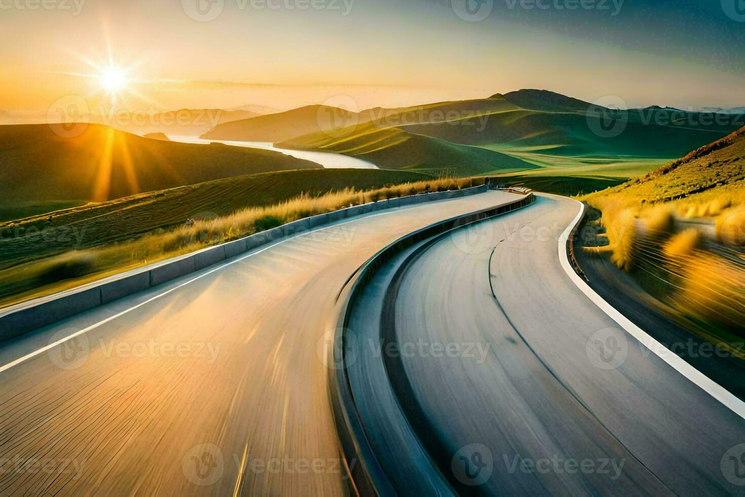 a winding road in the mountains with the sun setting. AI-Generated photo
