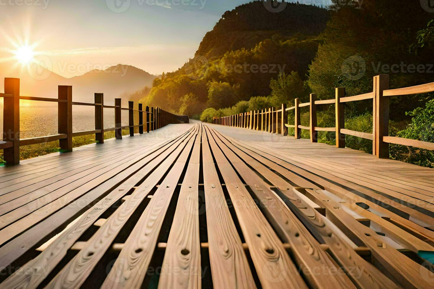 a wooden bridge over a lake with the sun setting. AI-Generated photo