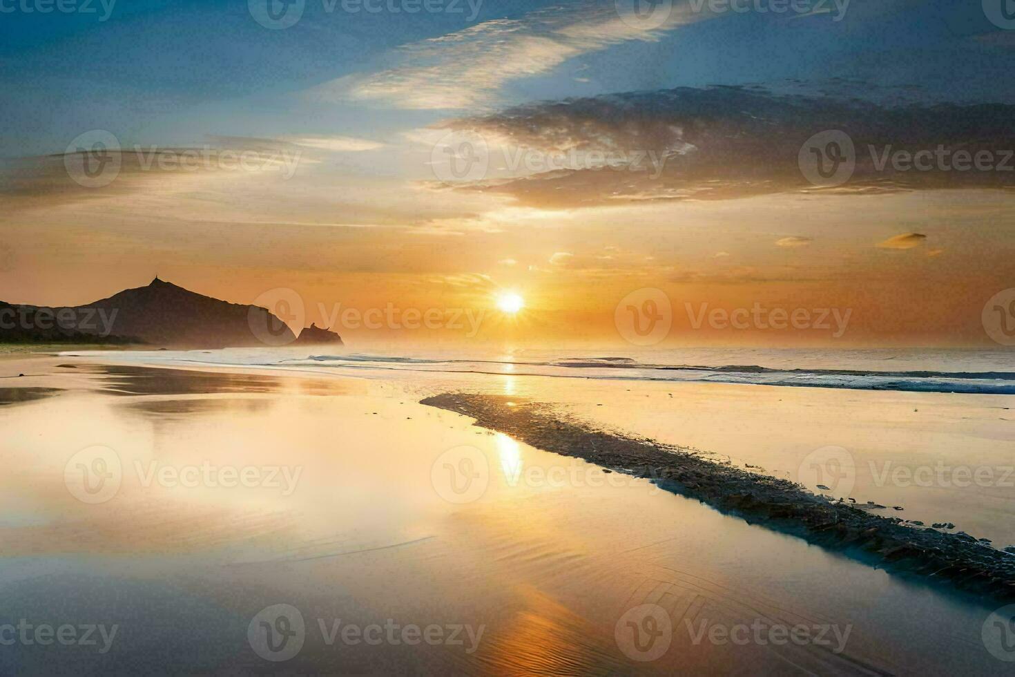 the sun sets over the ocean and a beach. AI-Generated photo