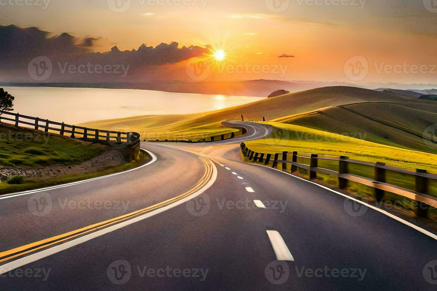 a scenic road with the sun setting over the water. AI-Generated photo