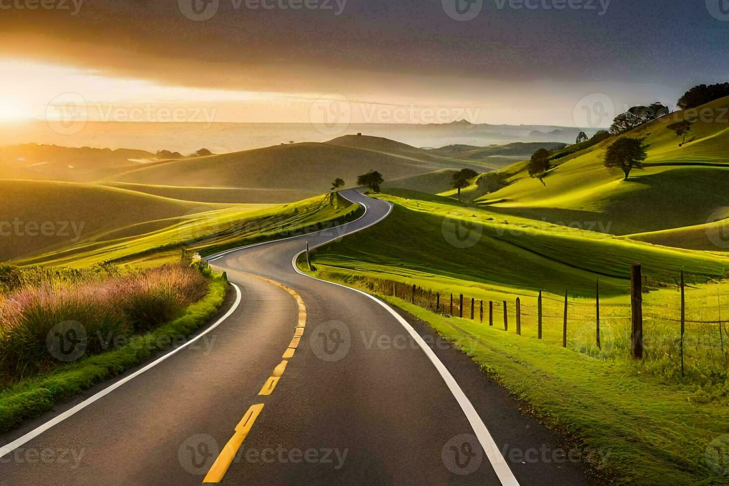 a winding road in the countryside with a sunset. AI-Generated photo