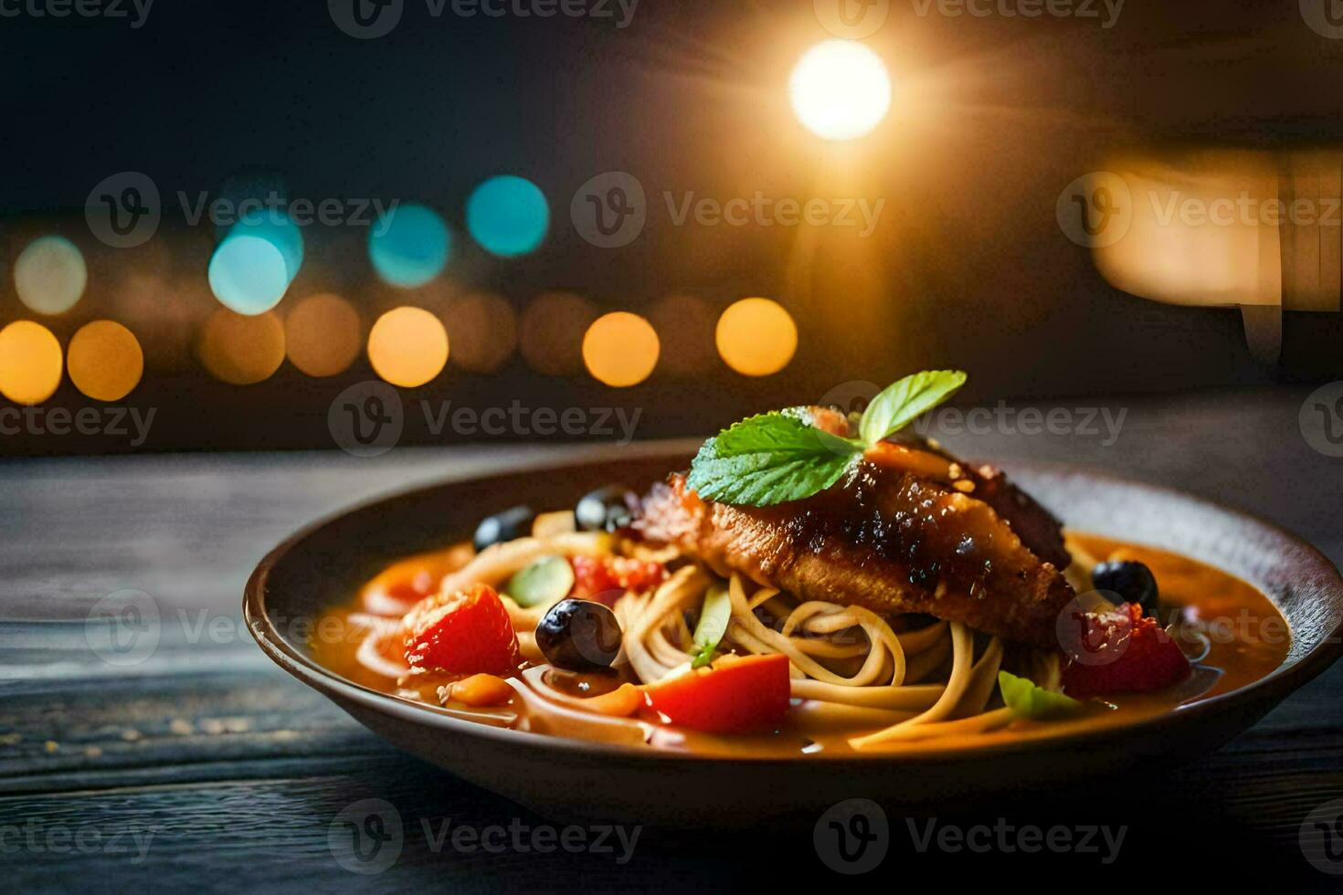 a plate of pasta with meat and tomatoes on a wooden table. AI-Generated photo