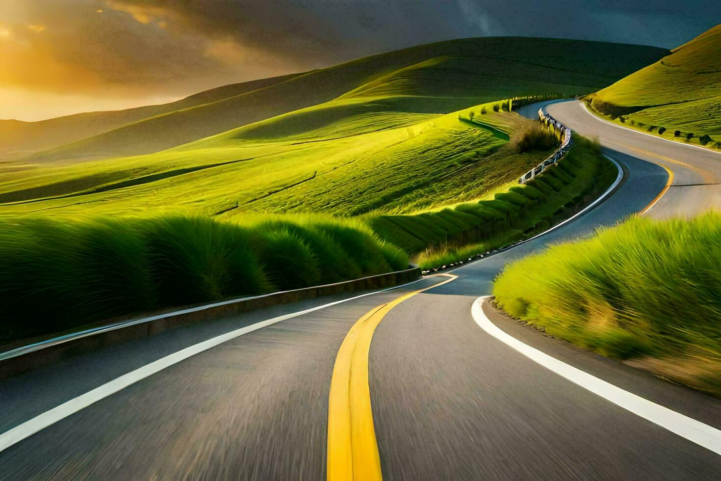 a winding road in the mountains with a sunset. AI-Generated photo