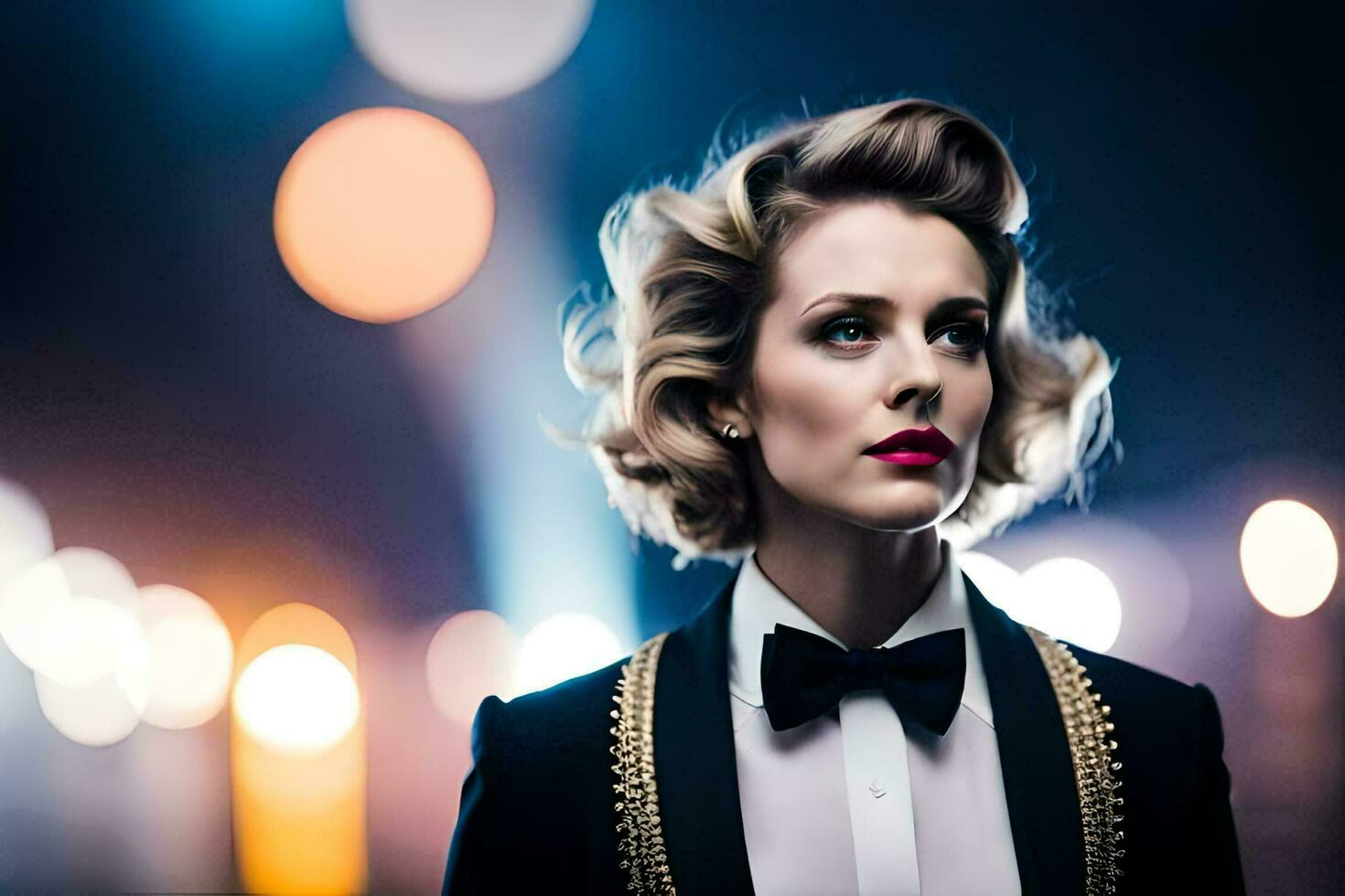 a woman in a suit and bow tie standing in front of a city street. AI-Generated photo