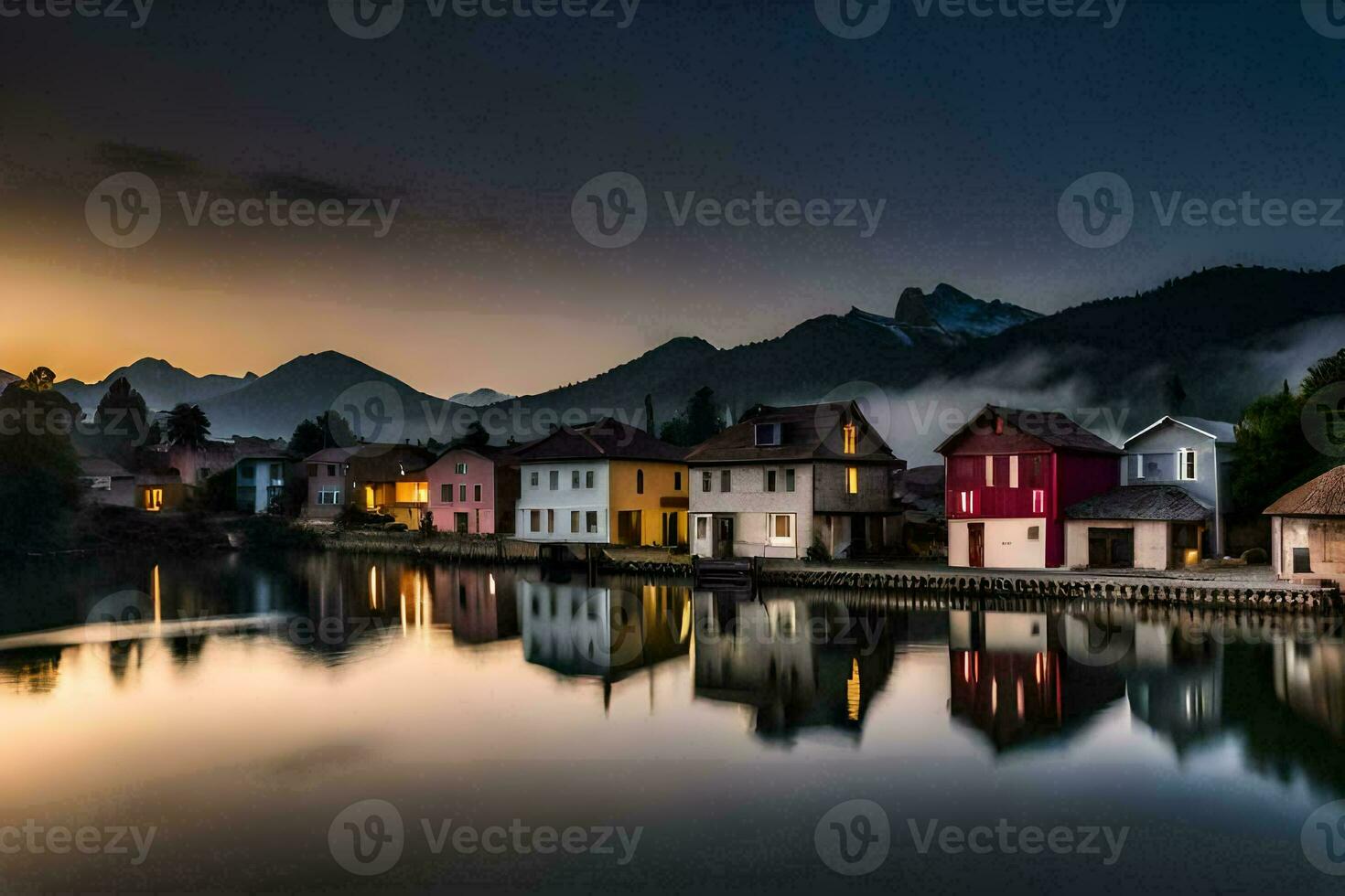 a lake and houses at sunset in the mountains. AI-Generated photo