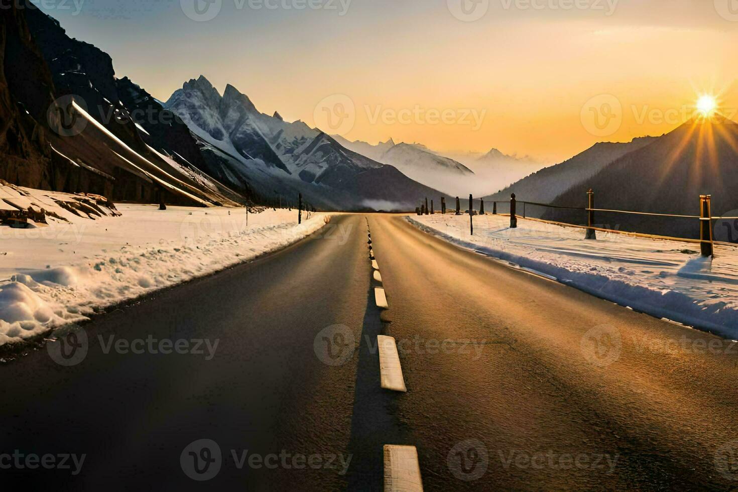 a road in the mountains with snow and sun. AI-Generated photo
