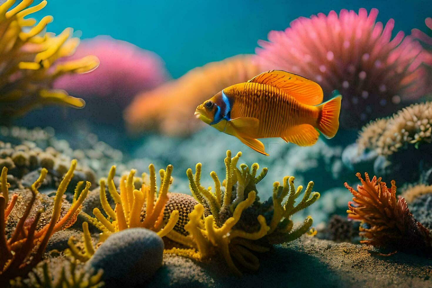 un naranja pescado nadando en el Oceano con vistoso coral. generado por ai foto