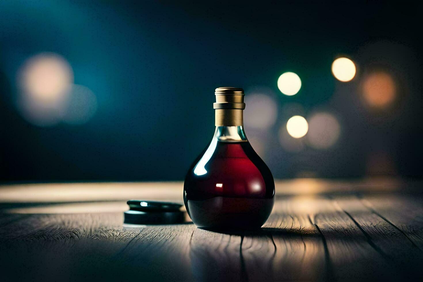a bottle of liquor sitting on a wooden table. AI-Generated photo