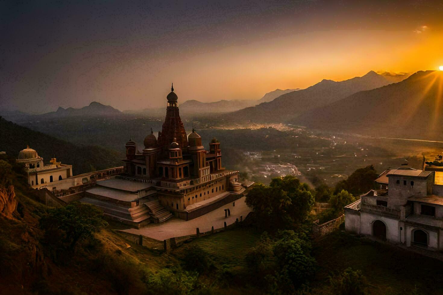 the sun sets over a temple in the mountains. AI-Generated photo