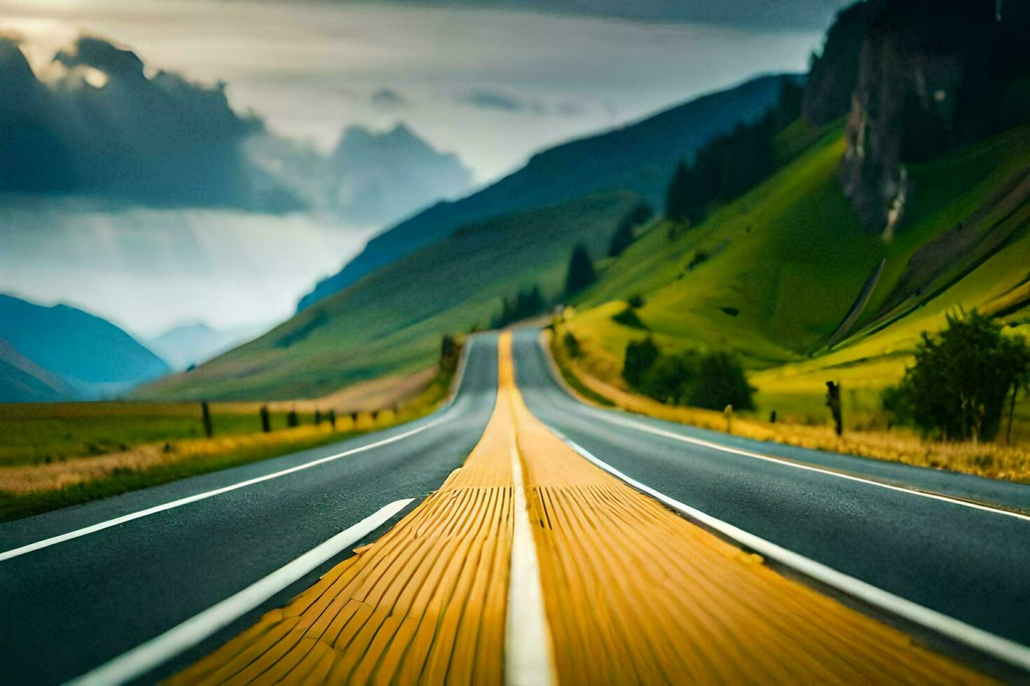 un largo la carretera con amarillo líneas en el medio de un verde campo. generado por ai foto