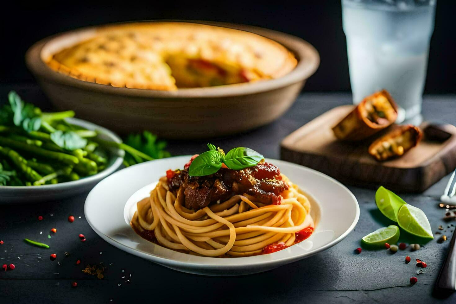 spaghetti with meat sauce and asparagus. AI-Generated photo