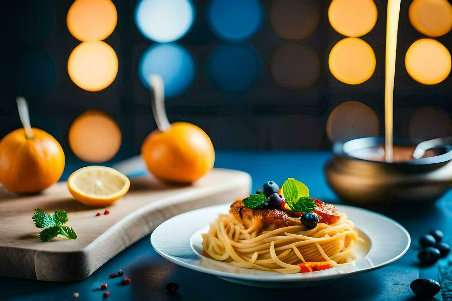 spaghetti with blueberries and lemon on a plate. AI-Generated photo
