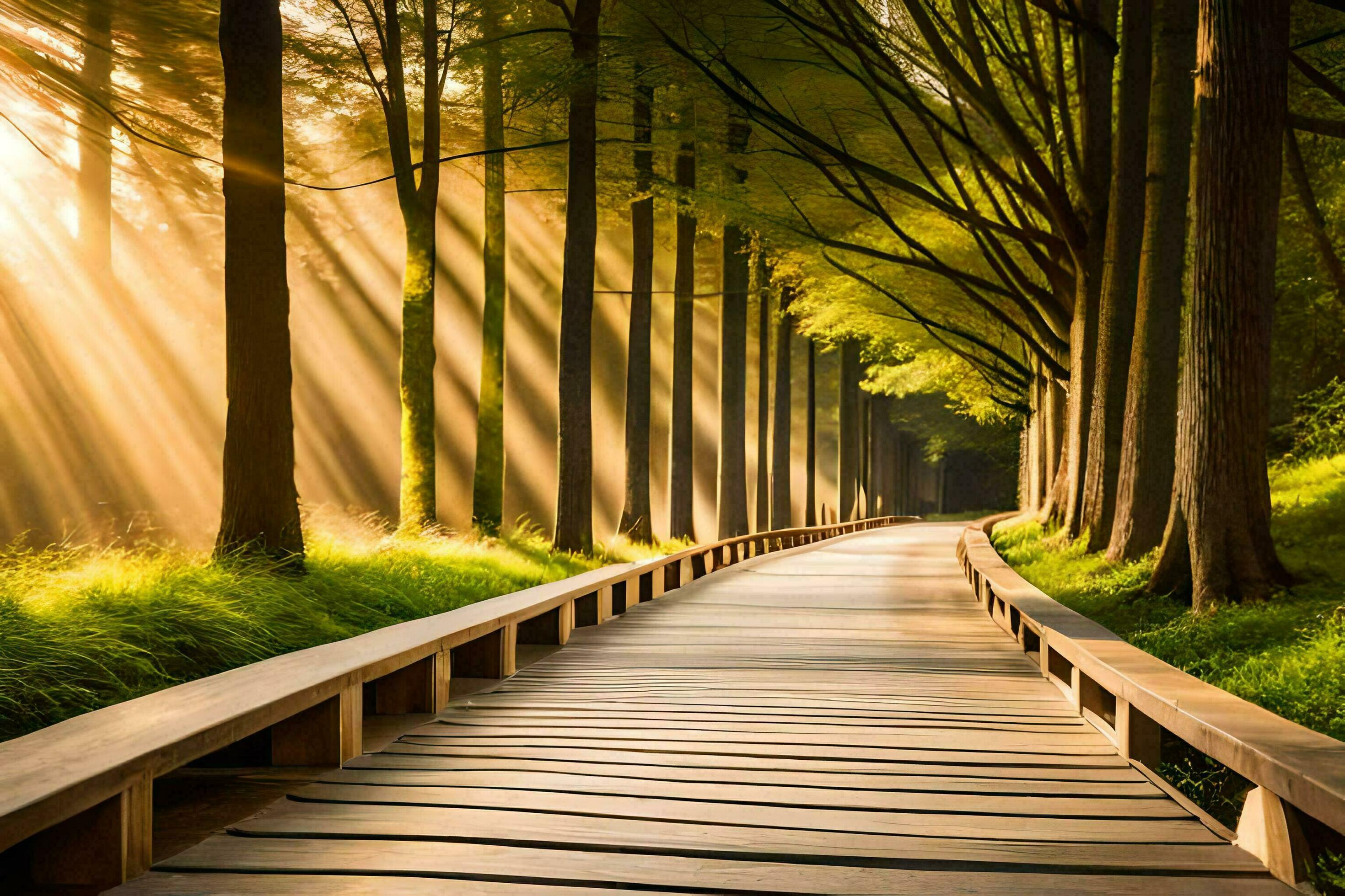a wooden path leads to the sun in the forest. AIGenerated 33414164
