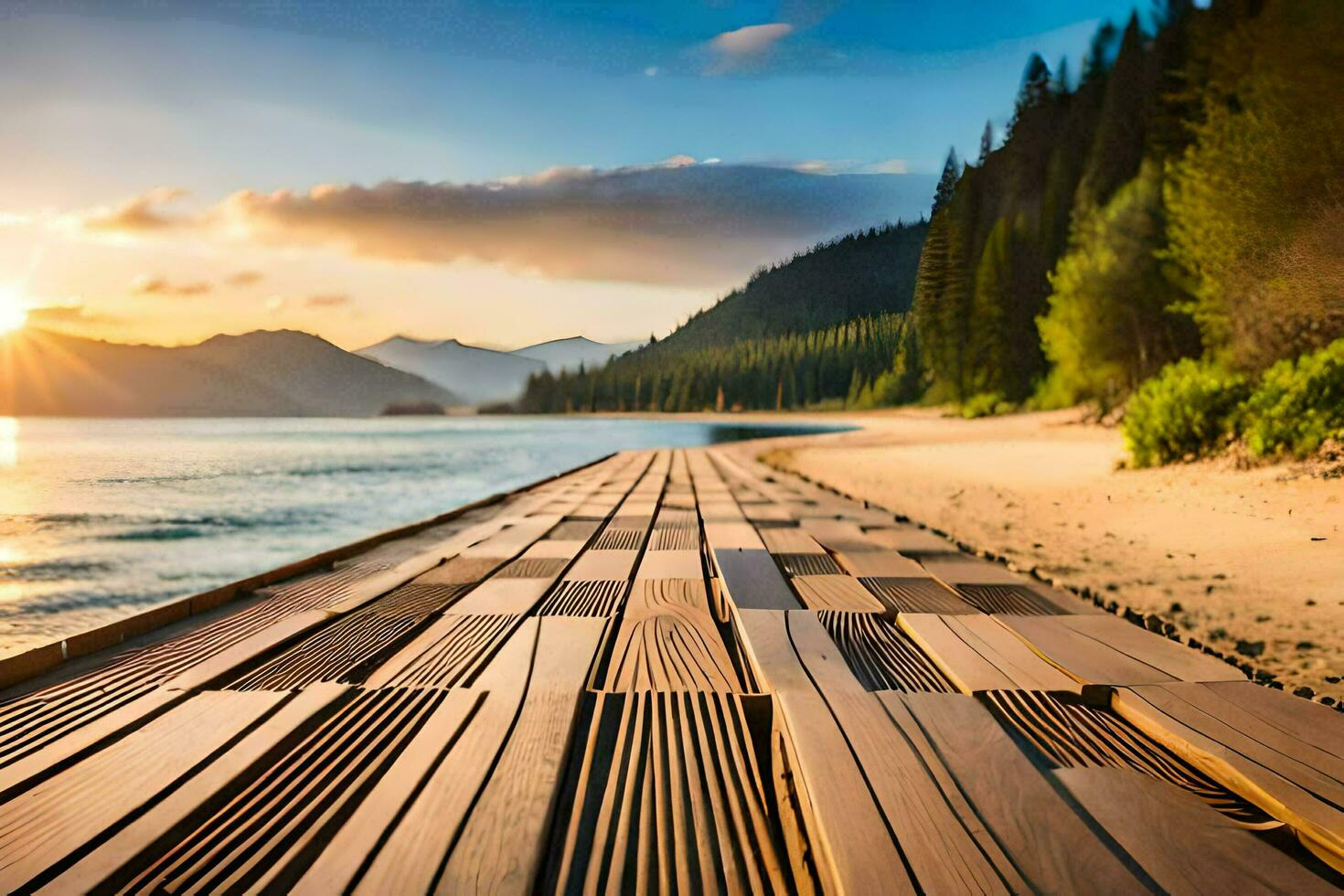 a wooden dock leads to the beach at sunset. AI-Generated photo