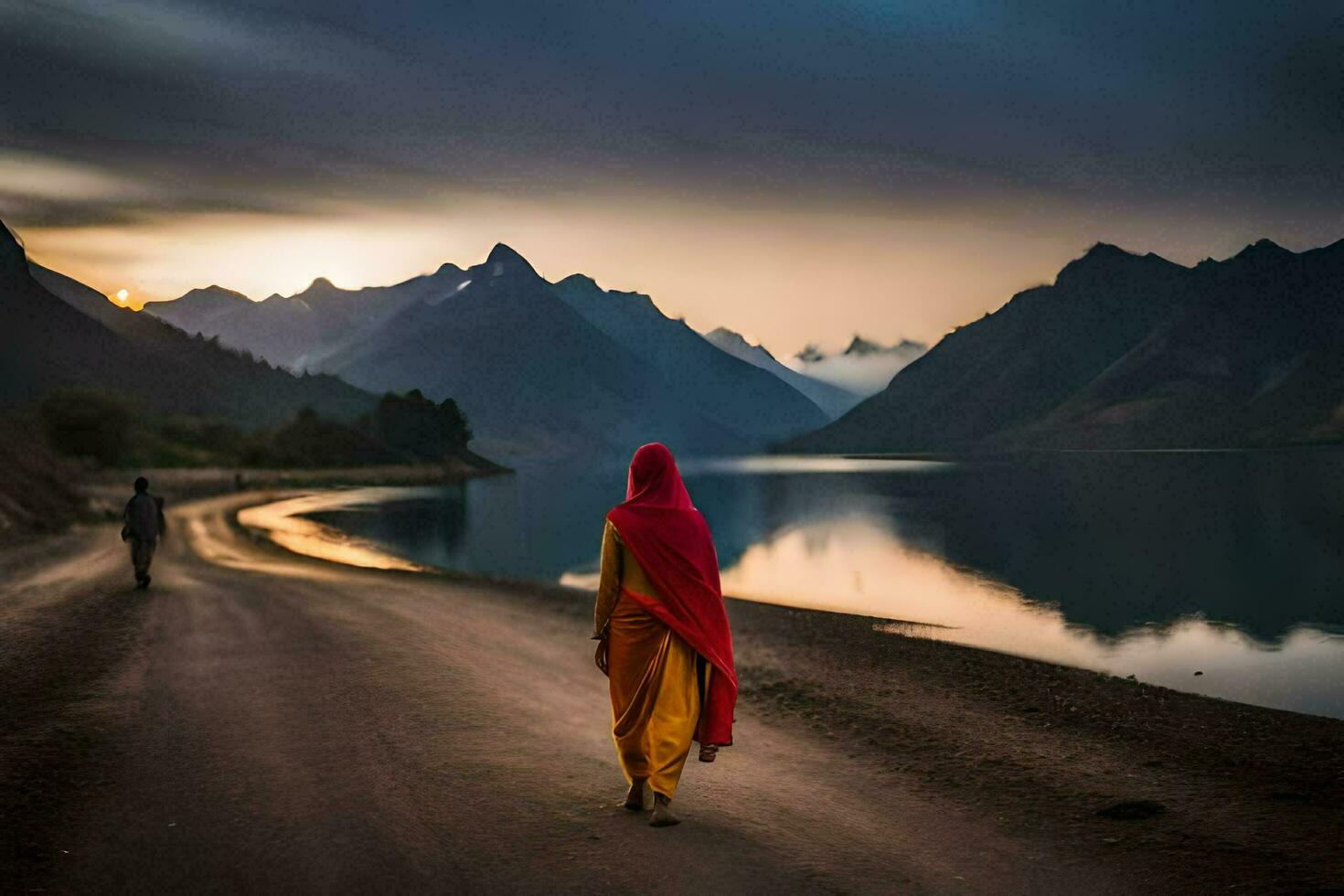a woman in a red robe walks down a road near a lake. AI-Generated photo
