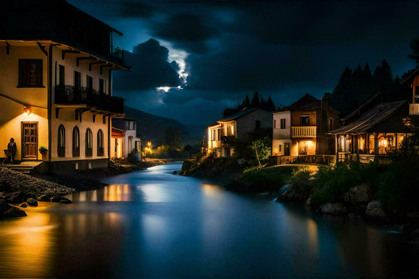 un río carreras mediante un pueblo a noche. generado por ai foto