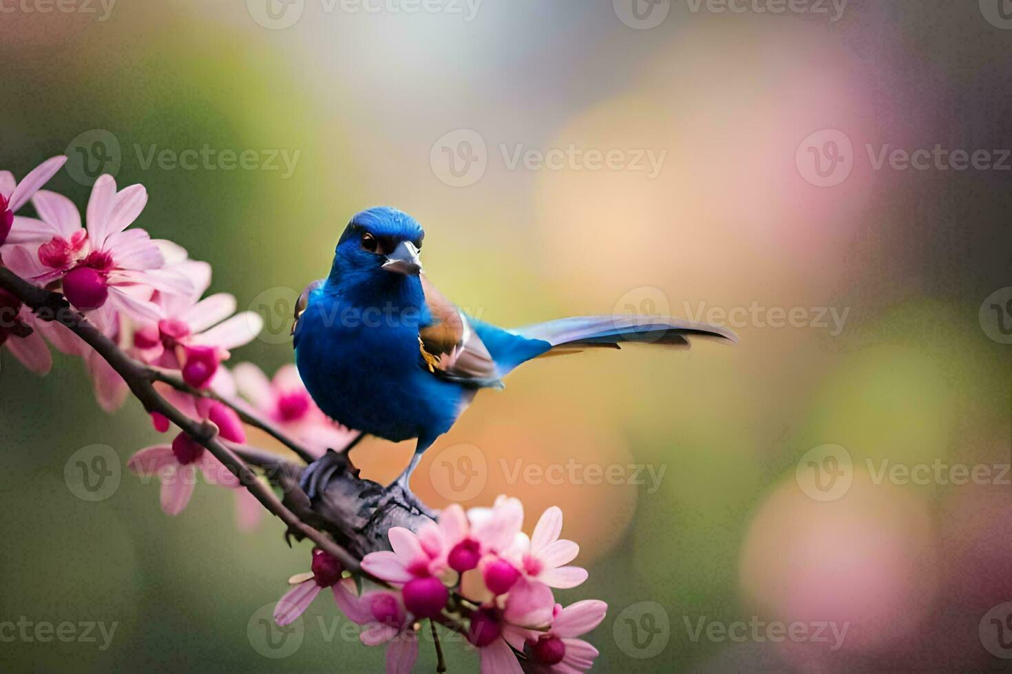 un azul pájaro es encaramado en un rama de un rosado flor. generado por ai foto