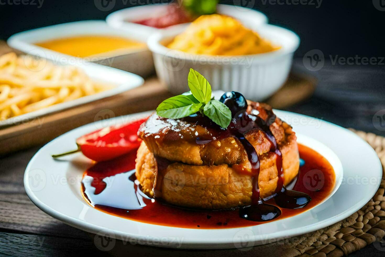 a plate of food with a burger and fries. AI-Generated photo