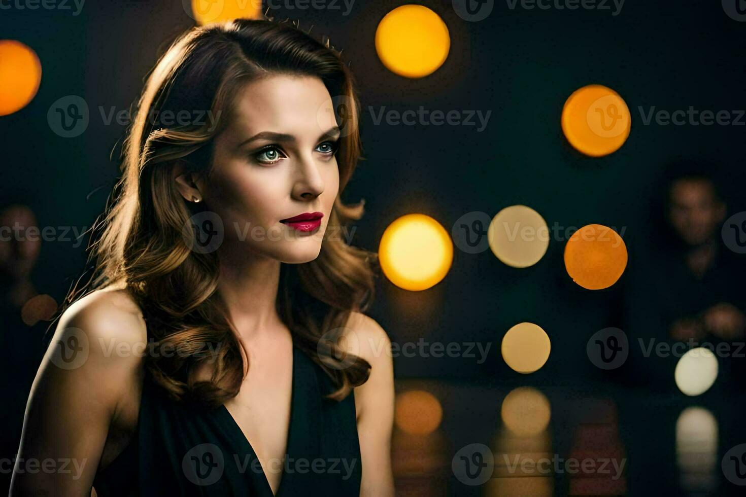 a woman in a black dress with a red lipstick. AI-Generated photo
