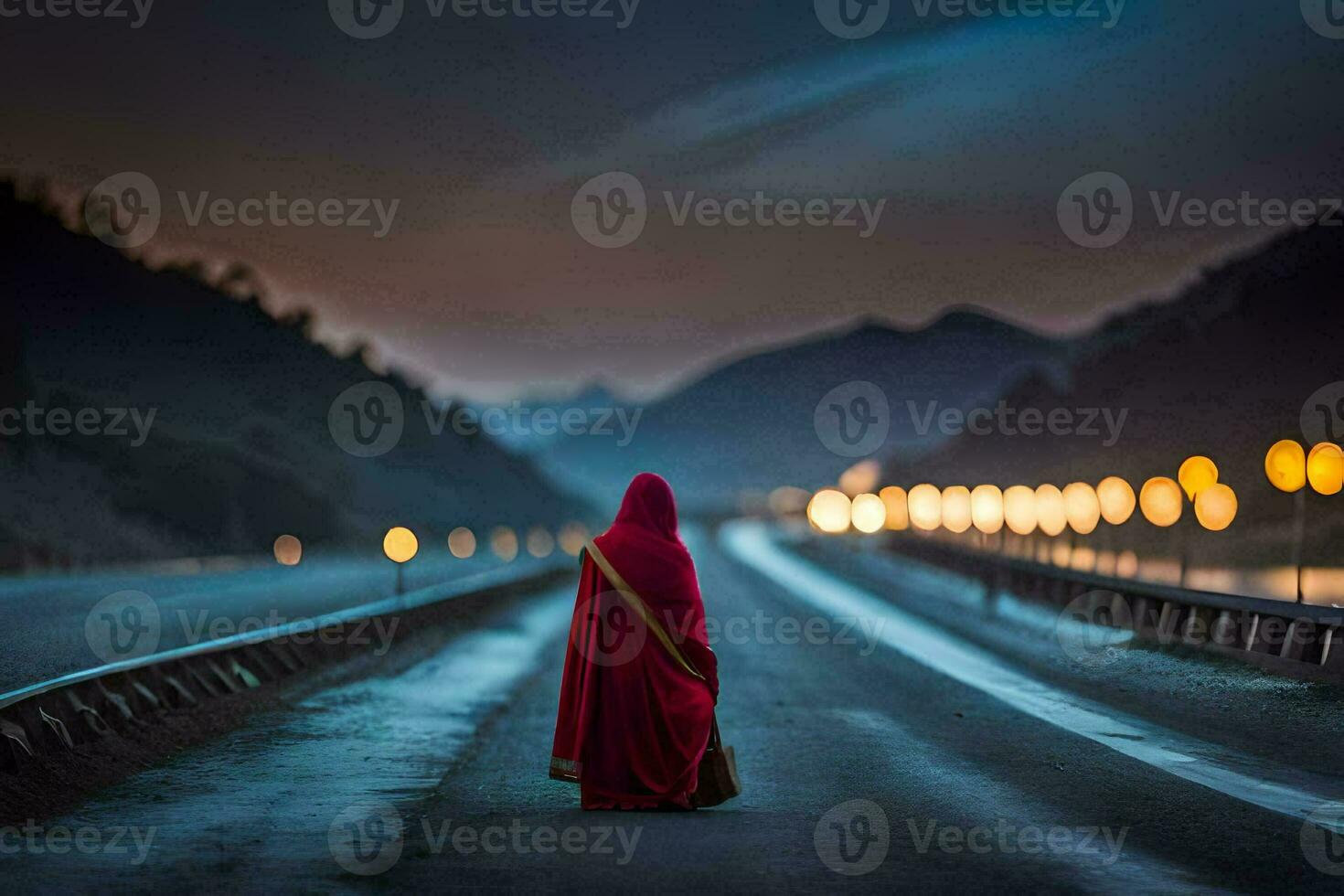 a woman in a red robe walks down a road at night. AI-Generated photo