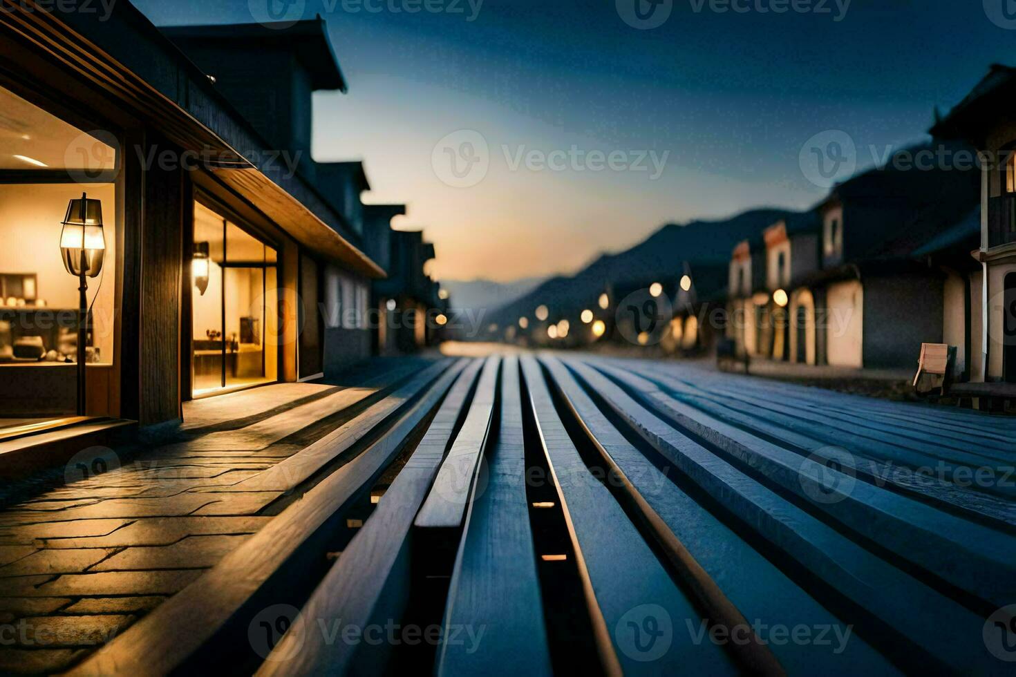 a long wooden walkway in front of a building. AI-Generated photo