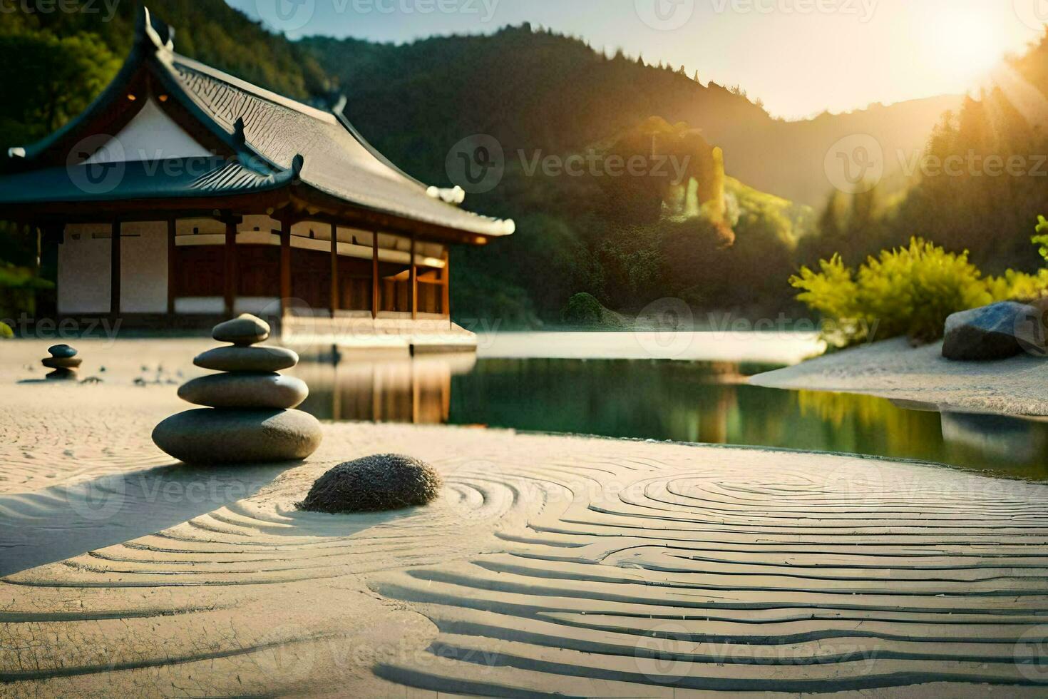 the japanese garden in the mountains. AI-Generated photo